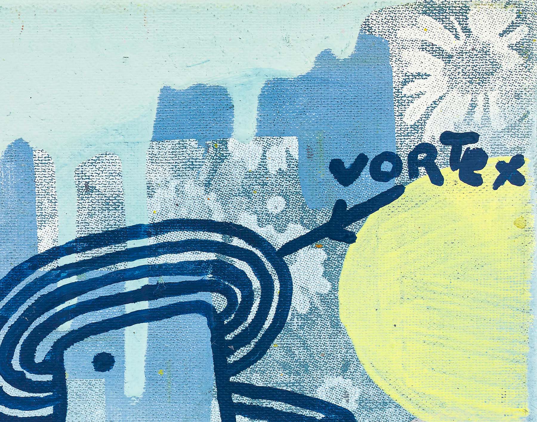 Abstract design with 'vortex' text and blue and yellow elements on a textured background