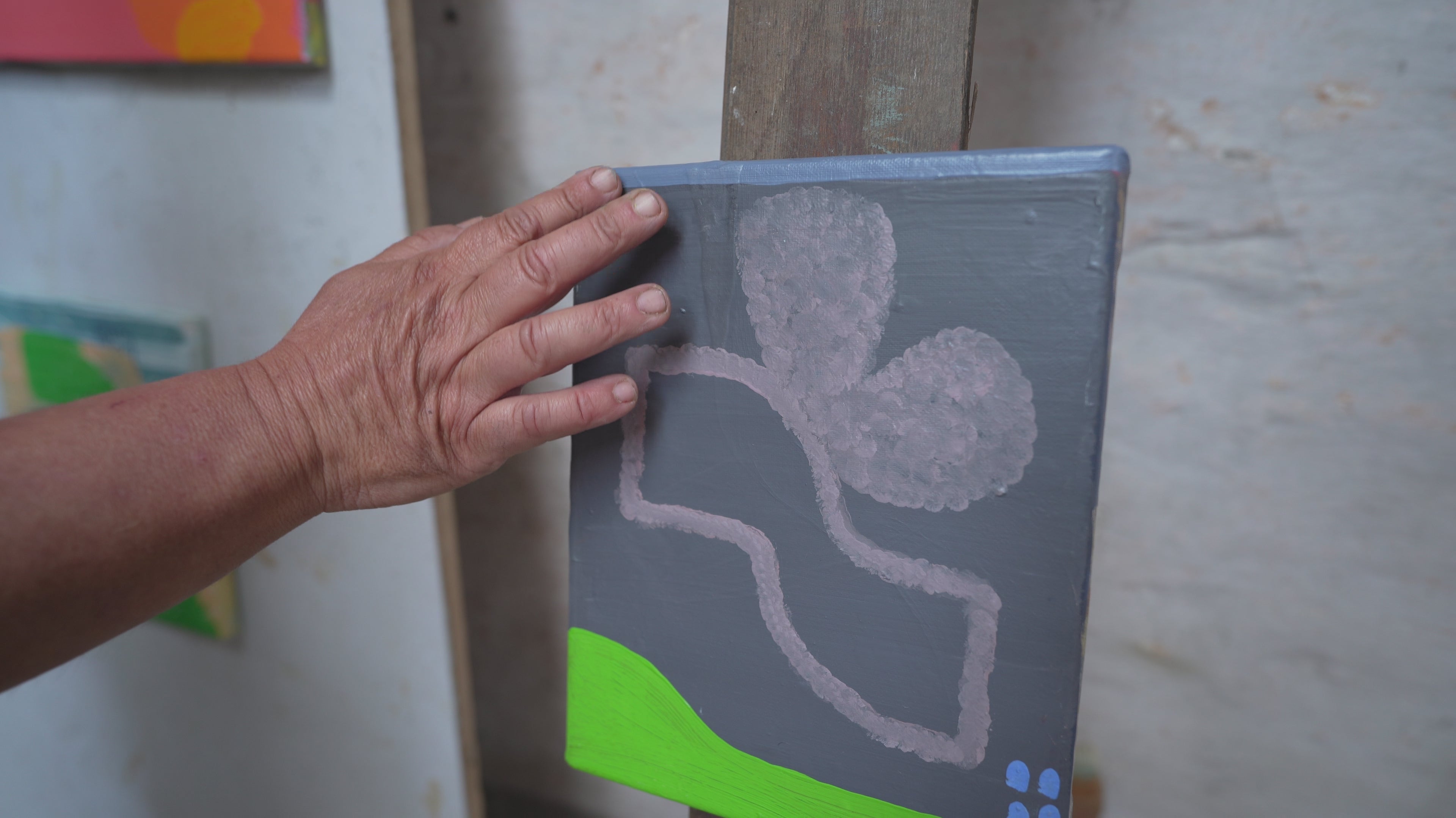 Load video: Martin Finnin painting &quot;Roberto and the Doves&quot; in Italy.